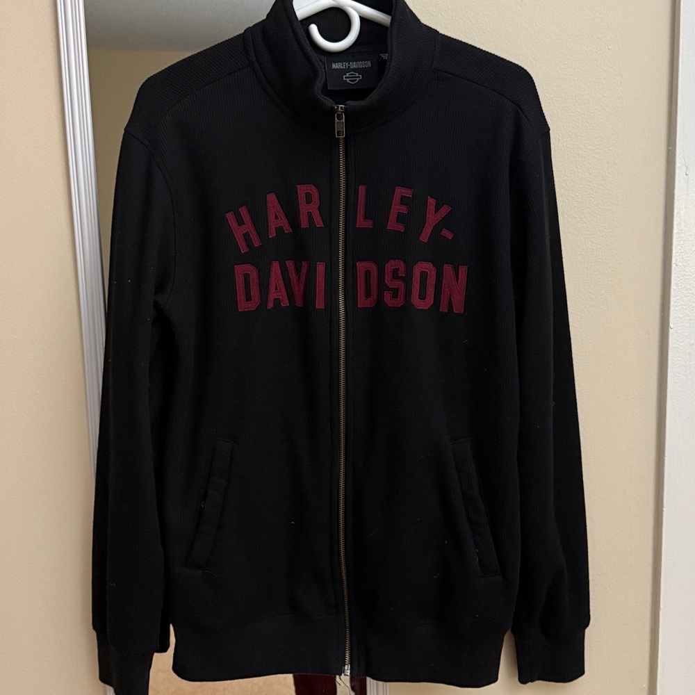 Harley-Davidson fleece lined Black Zip-Up with Burgundy Lettering